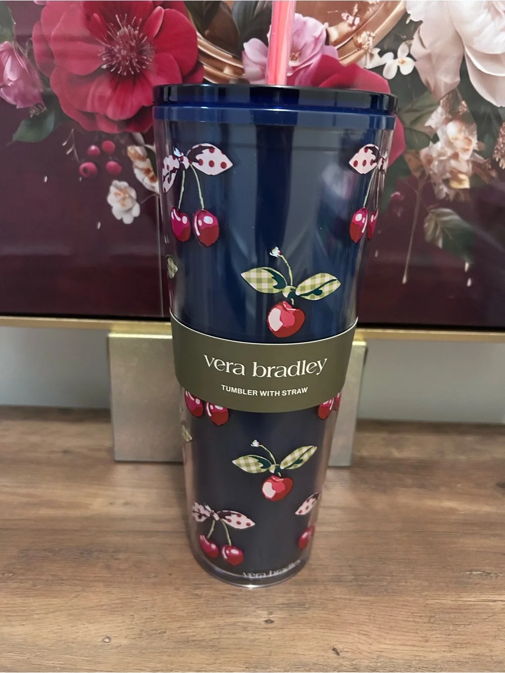 Vera Bradley Cherry Picking Print Navy Travel Tumbler with Straw